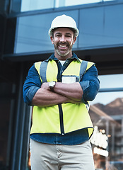 Image showing Arms crossed, building and architecture with portrait of man in city for planning, designer or industry. Engineering, project management or infrastructure with male contractor on construction site