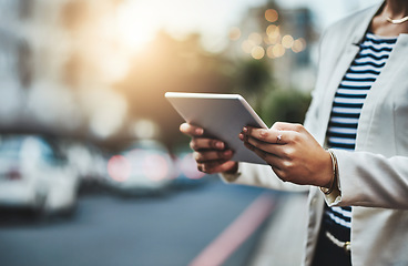 Image showing Tablet, city and hands of woman online typing for networking, website and social media in street. Communication, business travel and female person on digital tech for internet, research and contact