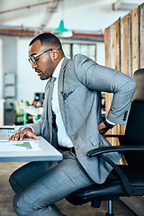 Image showing Business man, back pain and stress with injury, bad posture and burnout with medical problem at office. Male corporate person at desk with backache, anatomy and health crisis with muscle tension