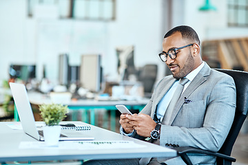 Image showing Phone, typing and business man in office communication, networking and reading social media or job email. Cellphone, connection or online search of happy african person on mobile app or startup chat