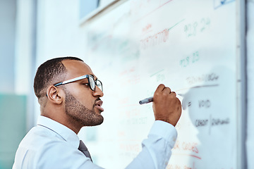 Image showing Business man, writing and whiteboard planning, brainstorming and workflow management or project ideas. Planner, schedule and problem solving of focus african person on board reminder, goals or target