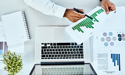 Image showing Man hands, documents and computer for data analysis, graphs and business charts or planning at desk. Statistics, analytics and paperwork of person with website information, increase and profit above