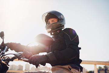 Image showing Motorcycle, travel and journey with man in city for freedom, driving and vintage. Relax, driver and leather with male biker on motorbike in outdoors for transportation, vintage and biking trip