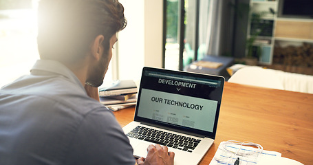 Image showing Laptop, screen and remote work by businessman with technology development project in a home office working. Planning, research and entrepreneur man reading from internet or online in a living room