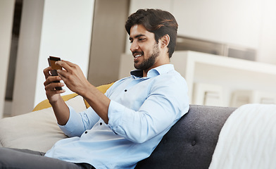 Image showing Happy man, credit card and cellphone in home for online shopping, cash payment and fintech app. Male person, digital banking and smartphone for finance, sales and ecommerce investment on internet