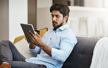 Image showing Man, credit card and tablet in home for online shopping, cash payment and password on fintech app. Male person, digital banking and technology for finance, money and ecommerce investment on internet