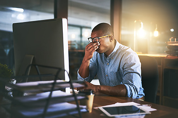 Image showing Black man at office, night and headache with stress and vision problem, computer glitch and burnout from overtime. Male in business with migraine, brain fog and working late, frustrated with 404