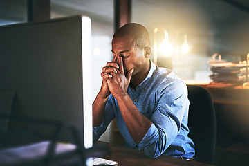 Image showing Black man in business, night and stress headache with computer glitch, software problem and burnout. Male professional with migraine, brain fog and working late, frustrated with 404 and crisis