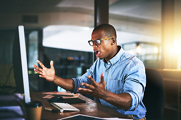 Image showing Black man in office, night and angry with computer glitch, stress with software problem. Male professional with anger, connection issue and working late, frustrated with 404 and business crisis