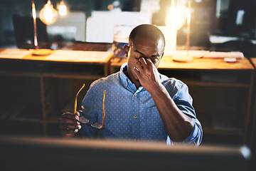 Image showing Black man in business, night and headache with stress and vision problem, crisis and burnout from overtime. Professional male with migraine, brain fog and work late with loss of focus and overworked