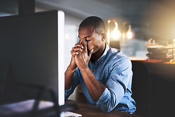 Image showing Black man at office, night and stress headache with computer glitch, software problem and burnout. Male professional with migraine, brain fog and working late, frustrated with 404 and business crisis