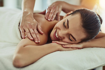 Image showing Smile, beauty and massage with woman in spa for wellness, luxury and relax treatment. Skincare, peace and zen with female customer and hands of therapist for physical therapy, salon and detox