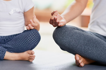 Image showing Meditation, relax and hands of mother and daughter for yoga, fitness and peace. Zen, calm and workout with closeup of woman and young child training at home for exercise, wellness and health