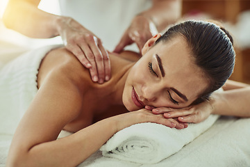 Image showing Relax, peace and massage with woman in spa for wellness, luxury and back pain treatment. Skincare, beauty and zen with female customer and hands of therapist for physical therapy, salon and detox