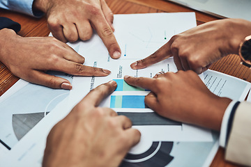 Image showing Business people, hands and pointing to documents in analytics for meeting, data or company statistics at office. Hand of employee group in corporate team analysis, paperwork or planning at workplace