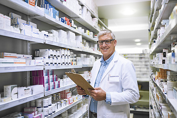 Image showing Pharmacy, medicine and portrait of man and clipboard store for checklist, inspection and inventory. Medical, healthcare and pills with senior male pharmacist in clinic for expert, wellness or product