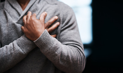 Image showing Man hands on chest, heart attack and cardiovascular problem, medical emergency and trouble breathing with closeup space. Sick male person, cardiac arrest and health crisis, pain with angina and weak