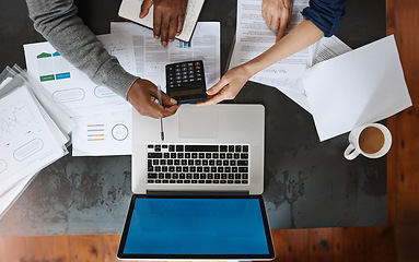 Image showing Finance, documents and couple hands with calculator, computer and data analysis, asset management and budget. Financial paperwork, planning and home, mortgage or investment of woman and partner above