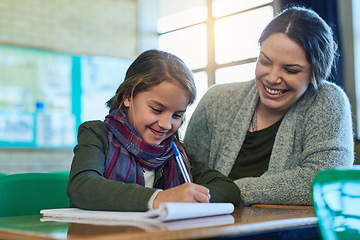 Image showing Student, teacher and happy to help with work, study and learning support in math classroom or girl, education and writing in pen. Child, working in book and teaching, helping and motivation in school