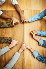 Image showing Hands holding, support and people planning together for prayer circle, love and care in a team building table. Above, community and group teamwork by employees with hope, collaboration and help