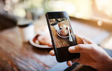 Image showing Closeup, hand and woman with a smartphone, copenhagen and memory in a cafe, relax and social media. Female person, screen and girl with a cellphone, mobile and post to internet, pastry and website