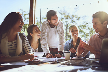 Image showing Business, team and group in a meeting at a cafe, planning or brainstorming with conversation, partnership or collaboration. Staff, creative or coworkers share ideas, talking or teamwork in restaurant