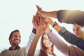 Image showing Business people, hands and high five for winning, collaboration or success in unity outdoors. Happy group touching hand for teamwork, victory win or team building in solidarity together in nature