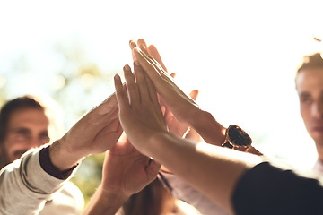 Image showing Business people, hands and high five for teamwork, winning or success in unity or collaboration outdoors. Group touching hand in agreement, meeting or team building for win, support or goals together