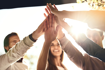 Image showing Business people, hands and high five for team motivation, winning or success in unity outdoors. Happy group touching hand for teamwork, victory win or collaboration in solidarity together in nature