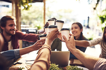 Image showing Collaboration, cheers and team with coffee in a meeting or discussion for a creative project in a cafe. Diversity, team building and professional employees with a latte for a toast in a restaurant.