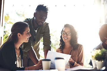 Image showing Cafe, business meeting and people with documents for planning, idea and sharing strategy. Coffee shop, proposal and creative person team collaboration on design, development or brainstorming solution