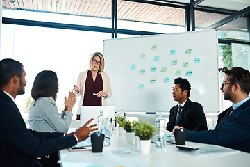 Image showing Business, presentation and meeting with teamwork and conversation at the office for training. Professional, leadership and seminar for teaching in a company for planning and ideas during workshop.