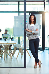 Image showing Portrait, business and woman with arms crossed, startup and leadership with confidence, happiness or professional. Female person, employee and consultant with growth, development or meeting success