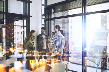 Image showing Double exposure, meeting and business people in office for teamwork, planning and brainstorming ideas. City overlay, collaboration and person team in discussion for networking, startup and goal