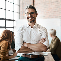 Image showing Portrait, manager and man with arms crossed, startup success and teamwork with partnership. Face, male person and employee with leadership, collaboration and meeting with happiness and profit growth