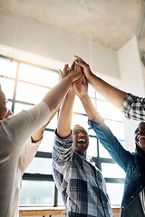 Image showing Team, creative and group with high five, office and teamwork with collaboration, goal or startup success. Staff, coworkers or men with women, company or support with happiness, career or solidarity