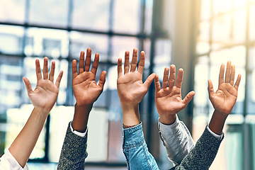 Image showing People, diversity and palm group hands in a office meeting with community and at work. Collaboration, teamwork and solidarity of staff with arms and hand raised in a workplace with company team