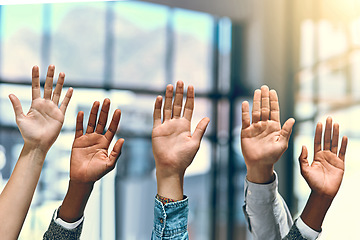Image showing Group, hands palm and diversity people in a office meeting with question at work. Collaboration, teamwork job and solidarity of worker with arms and hand raised in workplace with team community