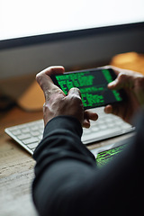 Image showing Coding, phone screen and man hands for software data, crack password and hacking internet for cybersecurity crime. Cyber fraud, virus or system code of user, person or hacker programming mobile app