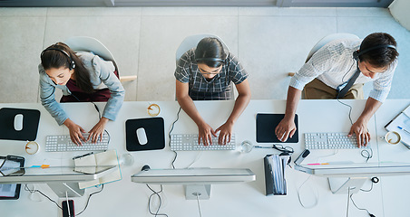 Image showing Call center, computer and top view with business people in office for communication, customer service and contact us. Help desk, online and team of employee in agency for consulting and advisory