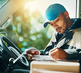 Image showing Writing, delivery and checklist with man in car for courier, logistics and shipping. Ecommerce, export and distribution with male postman in vehicle for mail, package and cargo shipment