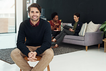 Image showing Portrait, business man and smile on chair in office, workplace or corporate company. Face, confidence and male professional, entrepreneur and person sitting with happiness, pride for career or leader