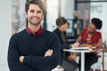 Image showing Portrait, business man and smile with arms crossed in office, workplace or corporate company. Face, confidence and male professional, leadership and person with happiness, pride for career and job.