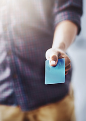 Image showing Man, hand and credit card for payment, checkout or purchase product at retail shop or store. Closeup of male person, hands or customer showing debit for shopping, transaction or banking to pay