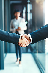 Image showing Handshake, business people with agreement and support with collaboration, welcome and introduction. Hiring, recruitment and promotion, corporate team shaking hands and partnership with networking