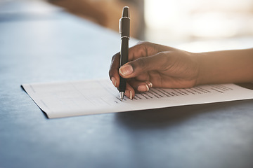 Image showing Checklist, tick and hands writing report, agenda or planning administration at work. Receptionist, plan and person with notes on a document for information, project management or working on schedule