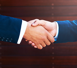 Image showing Handshake, agreement and business people with deal, collaboration or partnership. Shaking hands, cooperation and employees with opportunity, acquisition or b2b negotiation, congratulations and mockup