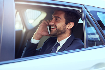 Image showing Phone call, smile and business man in car, talking and speaking on journey. Cellphone, taxi and male professional calling, travel and communication, discussion or conversation in motor transport.