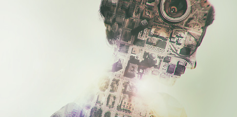 Image showing Double exposure, city and woman face with cityscape and neighborhood with mockup. Female person, urban houses and creative art overlay with silhouette and outdoor building background from top view