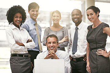 Image showing Diversity, portrait of businesspeople in office and team work with laptop at desk. Teamwork or collaboration, business meeting or group and colleagues or coworkers smiling together at workplace